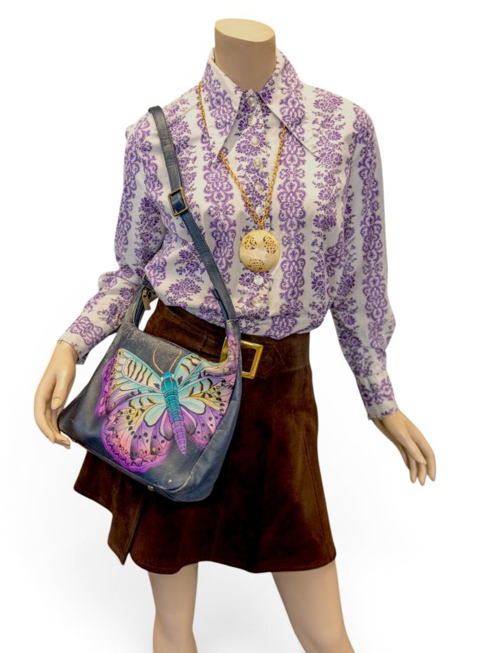 1970s Outfit Set * Suede Mini Skirt, Floral Shirt, Necklace & Anuschka Purse